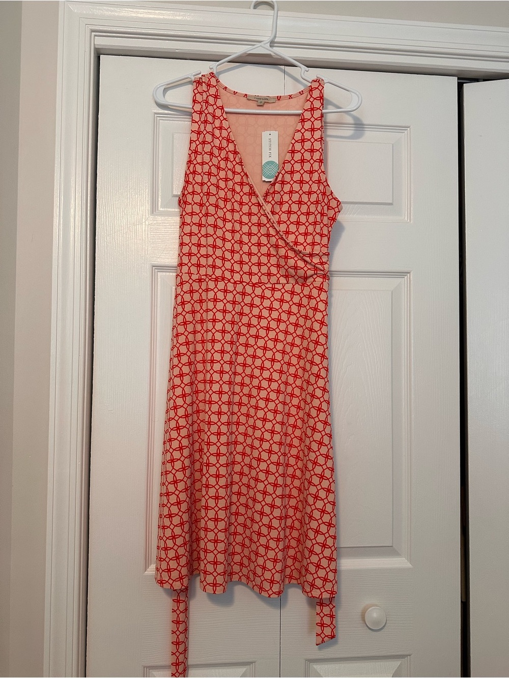 Sleeveless Midi Wrap Dress in Coral Geo Print
